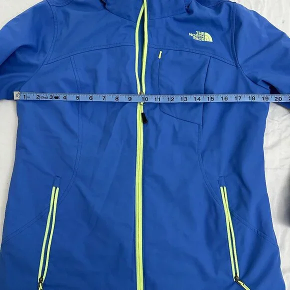 North Face Women’s Blue Softshell Jacket – Neon Accents, Hooded, Water Resistant - Picture 5 of 5